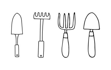 Bahçe aletleri simgeleri ayarlandı. Doodle bahçe ekipmanları ikon koleksiyonu. El çizimi bahçe teçhizatı simgeleri koleksiyonu. 