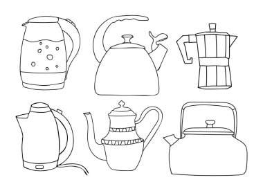 Çaydanlık karalama çizimleri koleksiyonu. El yapımı çaydanlık ikonu koleksiyonu. Bir dizi karalama çaydanlığı simgesi