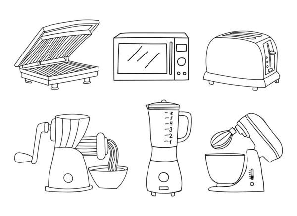 Doodle Kitchen Electric Appliances Collection Vector Hand Drawn Kitchen Appliances — Stock Vector