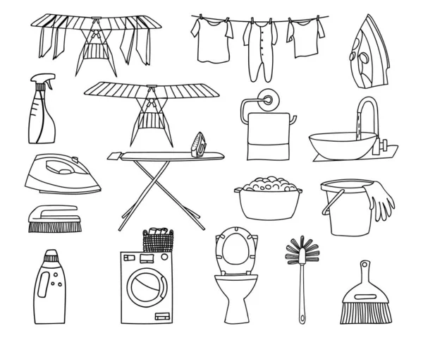 Sammlung Von Waschsymbolen Vektor Gekritzelte Wäsche Symbole Vektor Gesetzt Handgezeichnete — Stockvektor