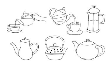 El çizimi çaydanlık çizimleri koleksiyonu. Doodle çay ikonları koleksiyonu. El çizimi çaydanlık çizimleri..