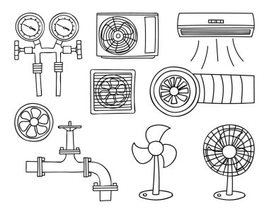 Dondurma havalandırma ve ısıtma sistemi ikonları koleksiyonu. Elle çizilmiş havalandırma ve ısıtma sistemi ikonları koleksiyonu. HVAC sistem donanım simgesi seti.