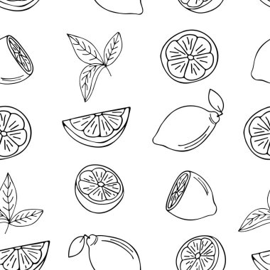 Vektör olarak kusursuz karalama limon deseni tasarımı. Vektörde elle çizilmiş limon deseni tasarımı.