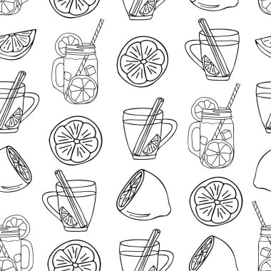 Kusursuz desenli, karalama çayı ve limonlu tasarım. Elle çizilmiş limon resimli kusursuz desen. Çay konsepti kusursuz desen tasarımı