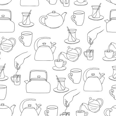 Çay konsepti kusursuz desen tasarımı. Kusursuz desenli karalama çay çizimleri. Elle çizilmiş çay resimleriyle kusursuz desen.. 