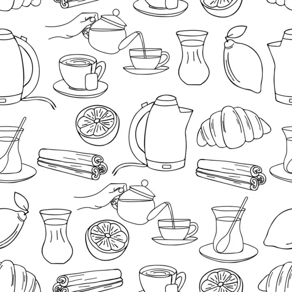 Çay konsepti kusursuz desen tasarımı. Kusursuz desenli karalama çay çizimleri. Elle çizilmiş çay resimleriyle kusursuz desen.. 