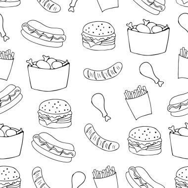 Fast food vektörde kusursuz desen çizer. Vektörde kusursuz el yapımı fast food kalıbı. Kızarmış tavuk, sosis, sosisli sandviç, çizburger ve hamburger ile fast food karalamak