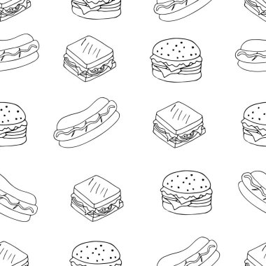 Fast food vektörde kusursuz desen çizer. Vektörde kusursuz el yapımı fast food kalıbı. Sosisli sandviç, çizburger ve hamburgerle fast food geçmişi karala