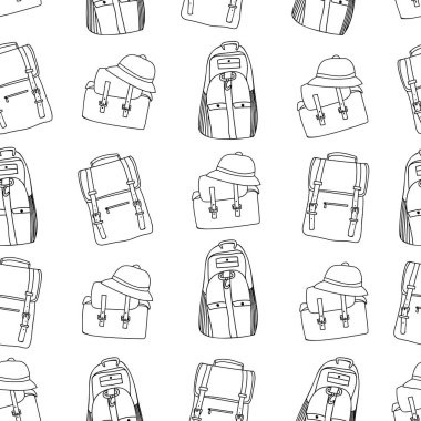 Seamless doodle backpacks pattern design. Hand drawn backpack seamless pattern. Camping backpack pattern design
