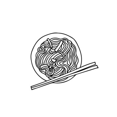 Çin yemeği çizimi vektör içinde. Japon yemeği çizimi vektör içinde. Vermicelli tabakta yemek çubuklarıyla çizim yapıyor. El çizimi Çin yemeği çizimi