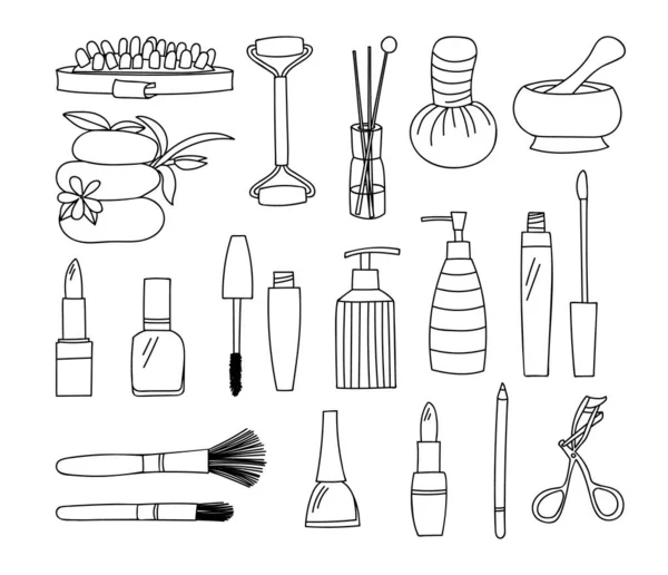 Lázeňské Kosmetické Prvky Doodle Ilustrace Kolekce Vektoru Lázně Kosmetické Předměty — Stockový vektor