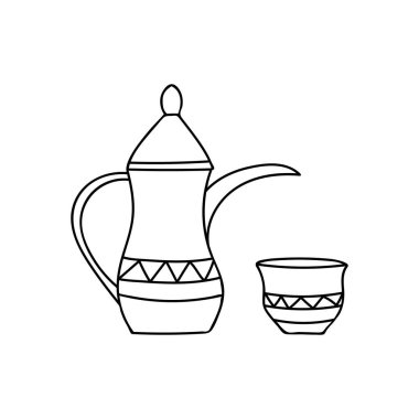Arabic coffee pot and cup doodle illustration in vector. Arabic coffee pot and cup hand drawn illustration in vector. Arabic copper doodle illustration in vector.