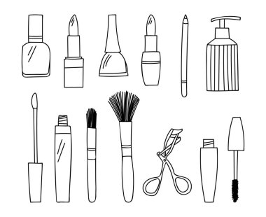 Makeup doodle illustrations collection in vector. Hand drawn makeup illustrations collections. Set of doodle cosmetics icons in vector. 