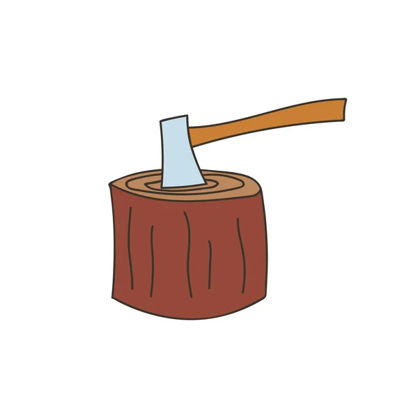 Hatchet Stuck Splitting Block Colorful Doodle Illustration Axe Stuck Wooden — Stockový vektor
