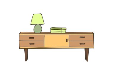 Drawer with lamp and books on it colorful doodle illustration. Drawer colorful icon in vector. Cupboard colorful doodle illustration in vector