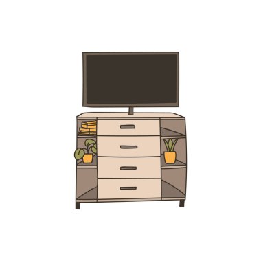 TV on dresser colorful doodle illustration in vector. TV on cupboard colorful doodle illustration. Drawer with TV colorful icon.