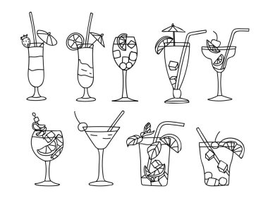 Cold summer cocktail doodle illustration set in vector. Cocktail hand drawn illustrations collection in vector. Cold lemonade doodle illustration set