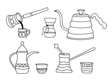 Coffee pots and cup doodle illustrations collection. Hand drawn eastern coffee pot and cup illustrations set in vector. Coffee pots icons set. Copper cezve doodle illustrations