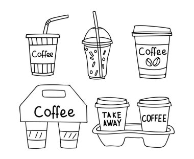 Take away coffee cup doodle illustrations set in vector. Take away coffee cup hand drawn illustrations collection in vector. Takeout coffee cup illustration set
