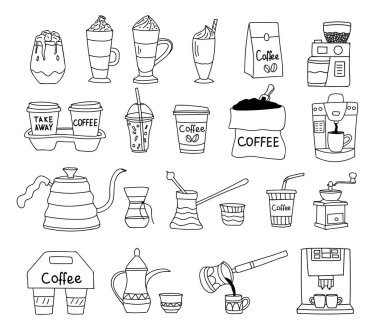 Vektör olarak kahve karalama illüstrasyon koleksiyonu. Vektör olarak el çizimi kahve ikonları koleksiyonu. Vektör içinde karalama kahve simgeleri kümesi