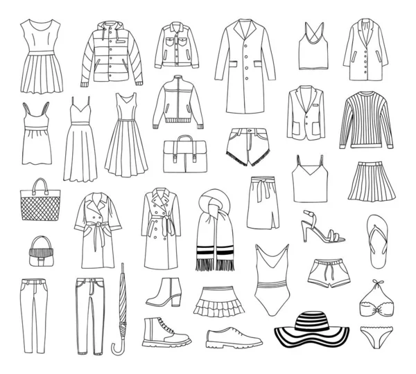 Kıyafet Karalama Illüstrasyon Koleksiyonu Çizimi Kıyafet Ikonları Koleksiyonu Giysi Simgeleri — Stok Vektör