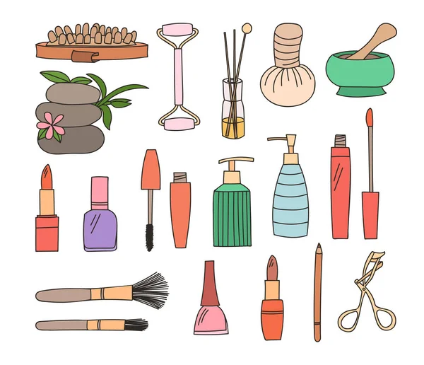 Spa Beauty Items Colorful Doodle Illustrations Collection Vector Spa Beauty — Stock Vector