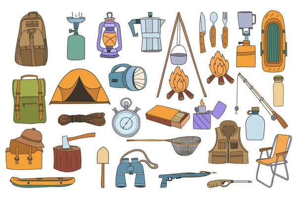 Kamp renkli ikon koleksiyonu. Kamp konsepti karalama çizimleri koleksiyonu. Doodle kampı çizimleri. Kamp ekipmanları renkli karalama çizim seti