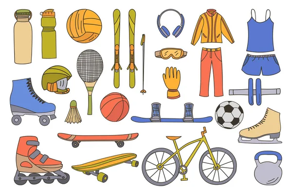 Spor Malzemeleri Renkli Karalama Simgeleri Koleksiyonu Spor Malzemeleri Ikonları Koleksiyonu — Stok Vektör