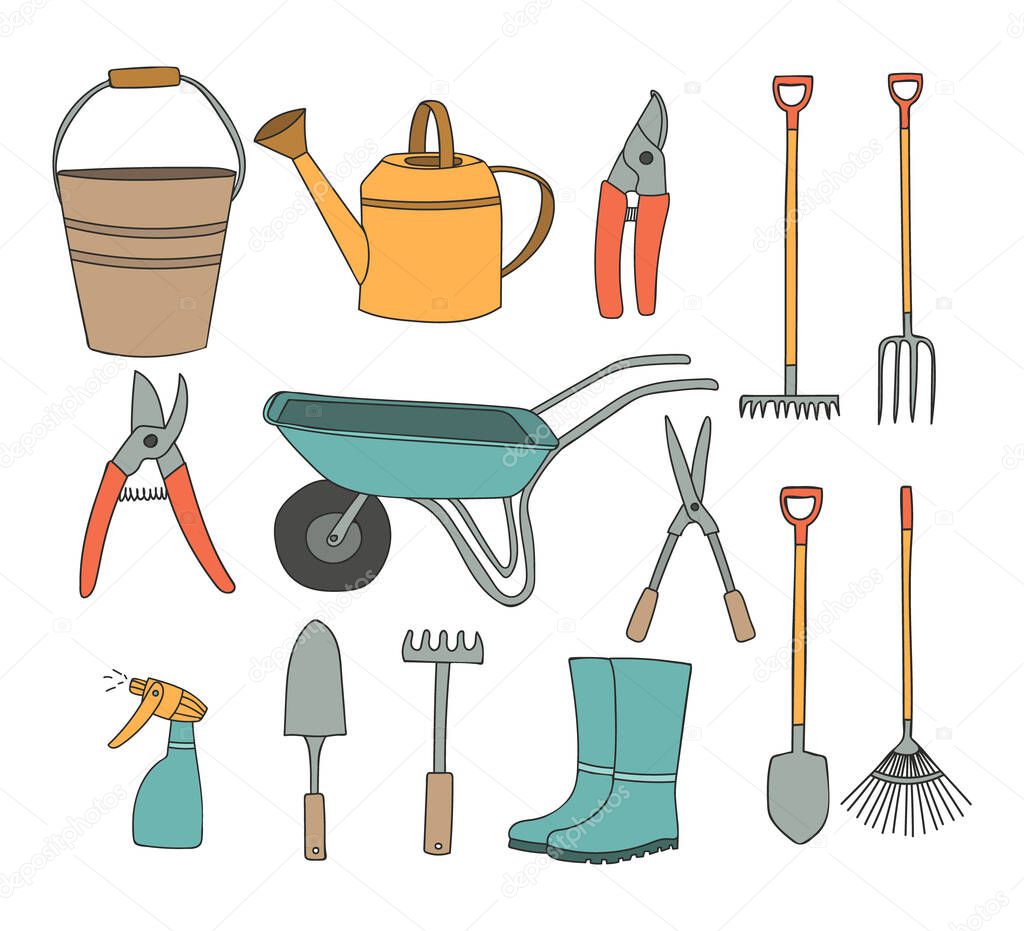 Gardening icons set. Gardening colorful icons collection. Garden equipments colorful illustration collection. 