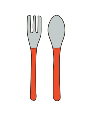 Vektör olarak çatal ve kaşık renkli karalama çizimi. Çatal ve kaşık renkli simge.