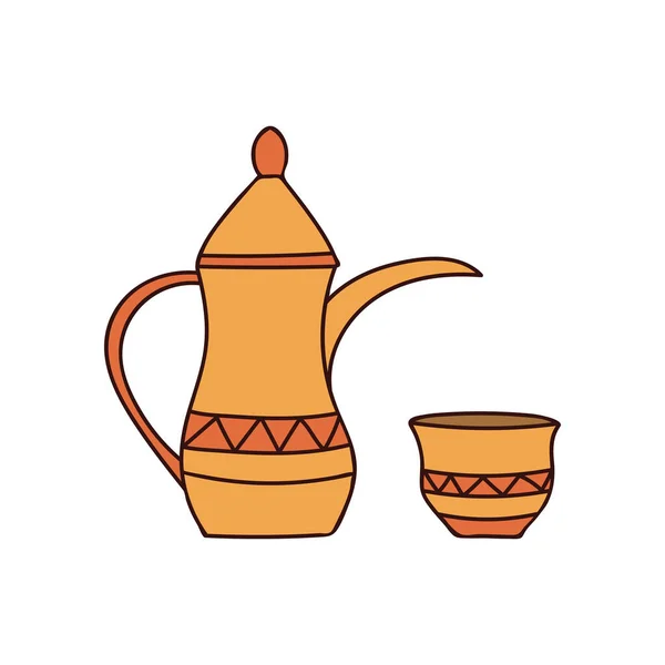 Cafetière Arabe Tasse Illustration Colorée Doodle Dans Vecteur Cafetière Arabe — Image vectorielle