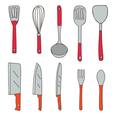 Çatal bıçak takımı renkli karalama çizimleri vektör olarak ayarlandı. Vektör olarak çatal bıçak illüstrasyon koleksiyonu. Mutfak gereçleri simgeleri ayarlanıyor.