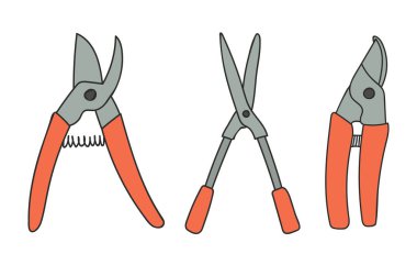 Pruner color doodle illüstrasyonları vektör içinde toplanıyor. Karalama budama simgeleri vektör olarak ayarlandı. Bahçe makası renkli karalama çizimleri koleksiyonu.