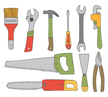 Renkli karalama çizimlerini vektörde onar. Renkli simge koleksiyonunu onar. Yapı ekipmanları illüstrasyon seti.