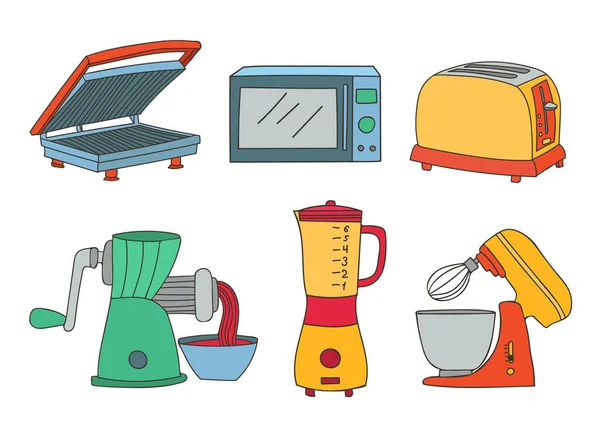 Kitchen Electric Appliances Colorful Doodle Illustrations Collection Vector Kitchen Appliances — Stock Vector