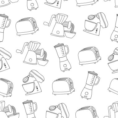 Mutfak aletleri vektör içinde kusursuz karalama kalıpları. Pişirme ekipmanları kusursuz desen. Vektör içinde karalama elektronik cihazlar ile kusursuz desen tasarımı.