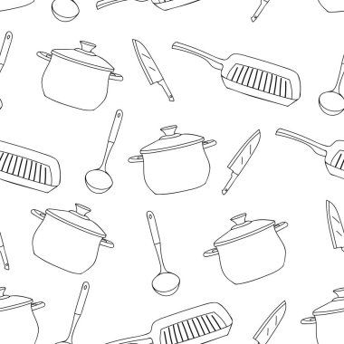 Mutfak gereçleri vektörde kusursuz desenler çizer. Mutfak aletleriyle kusursuz desenli tasarım. Mutfak eşyaları pürüzsüz desen. 