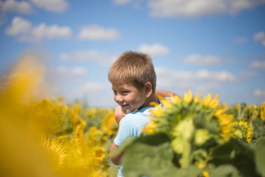 Mutlu çocuk tarlası Özgürlük ve mutluluk kavramı açık havada. Çocuk mavi gökyüzü arka planına karşı yeşil bahar tarlasında eğleniyor. Sağlıklı ve aktif yaşam tarzı kavramı