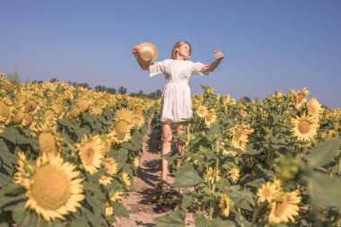 Sarı ayçiçeği tarlasında güneş ışığı saçan güzel kadın özgürlük ve mutluluk kavramı. Mutlu kız dışarıda