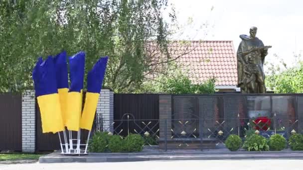 Σημαία Ουκρανίας Μεταξωτό κυματισμό σε φόντο χώρας. 9 Μαΐου — Αρχείο Βίντεο