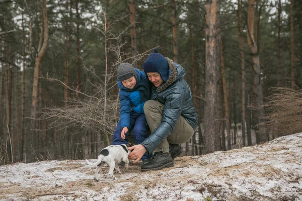 Mutlu Bir Aile Güneşli Kış Ormanlarında Noel Tatillerinde Baba Oğul — Stok fotoğraf