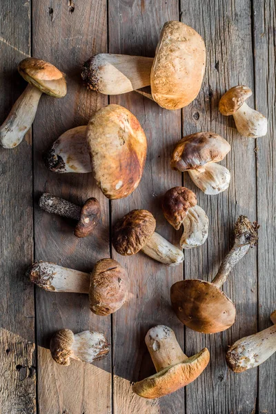 Lesní Jedlé Houby Zblízka Ceps Boletus Edulis Přes Dřevěné Pozadí — Stock fotografie