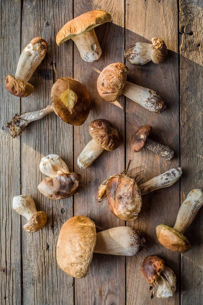 Lesní Jedlé Houby Zblízka Ceps Boletus Edulis Přes Dřevěné Pozadí — Stock fotografie