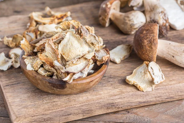 Boletus Wild Dried Mushrooms Set Old Dark Wooden Table Background — Stock Photo, Image