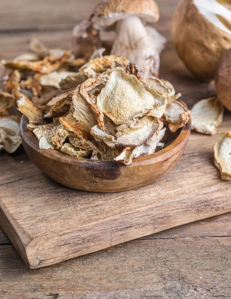 Boletus Wild Dried Mushrooms Set Old Dark Wooden Table Background — Stock Photo, Image