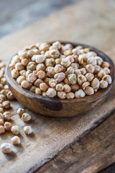 Grão Bico Cru Uma Tigela Madeira Leguminosas Fibras Dietéticas Proteína — Fotografia de Stock