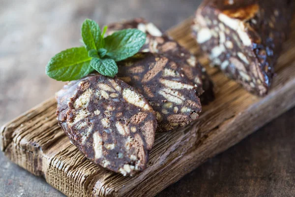 Chocolade Worst Toetje Koekjes Chocolade Koffie Gecondenseerde Melk — Stockfoto