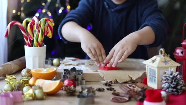 Menino Fazer Biscoitos Gengibre Natal Cozinha Ano Novo — Vídeo de Stock