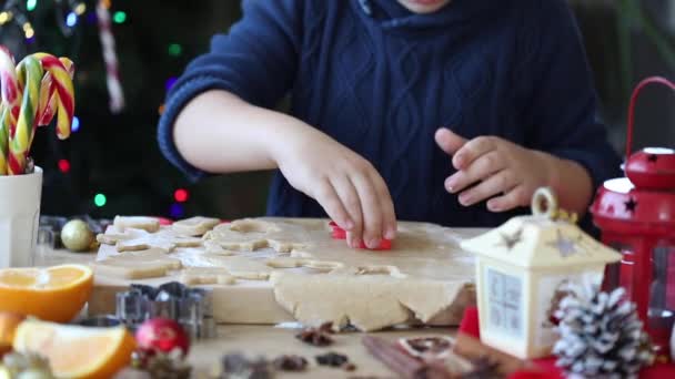 Kleine Jongen Jongen Maken Kerst Peperkoek Koekjes Keuken Van Het — Stockvideo