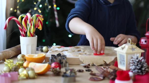 Küçük Çocuk Yeni Yıl Mutfağında Noel Kurabiyesi Yapıyor — Stok video